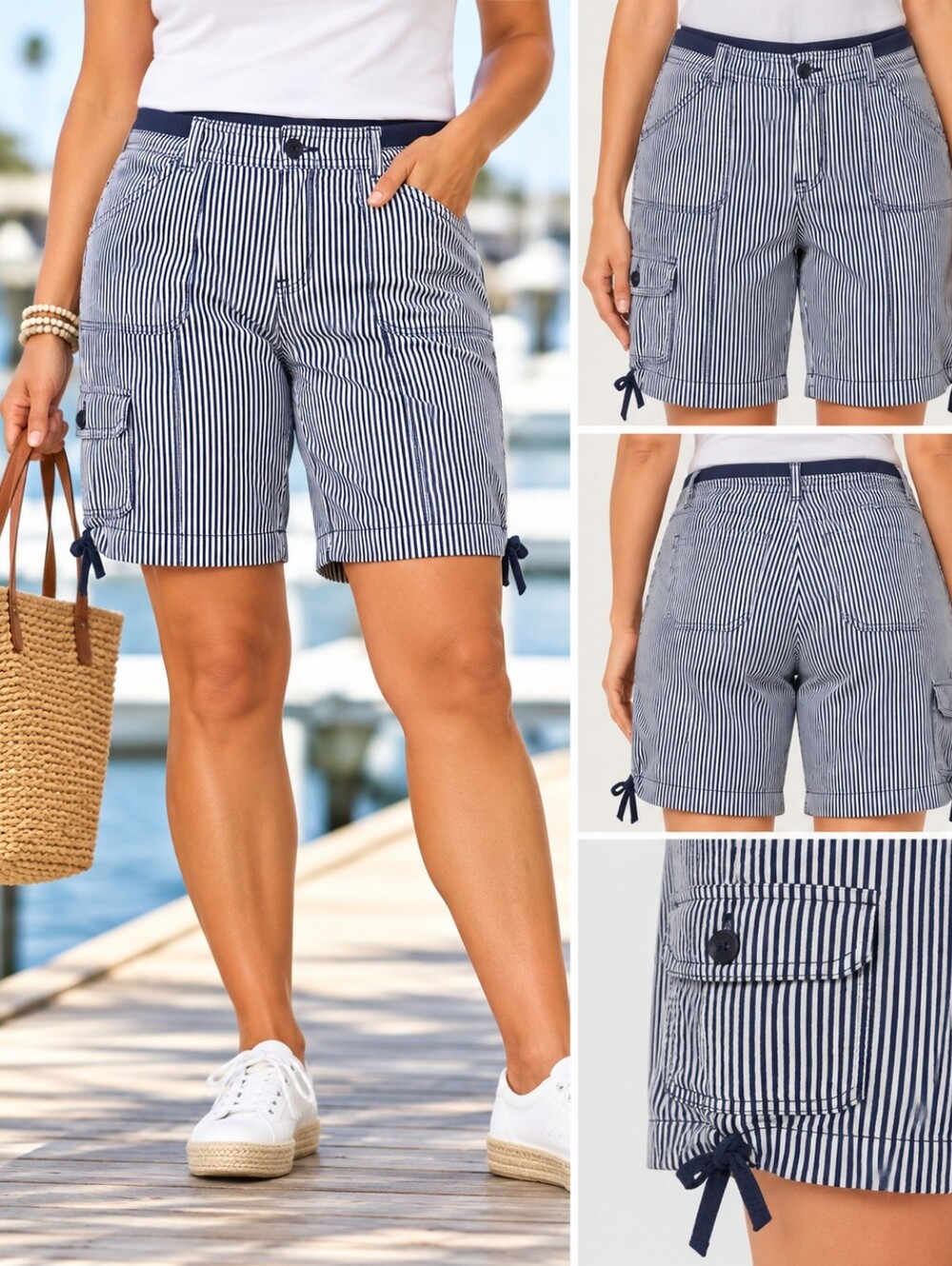 St. John’s Bay Women’s 18 Navy White Striped Cargo Bermuda Shorts Coastal
